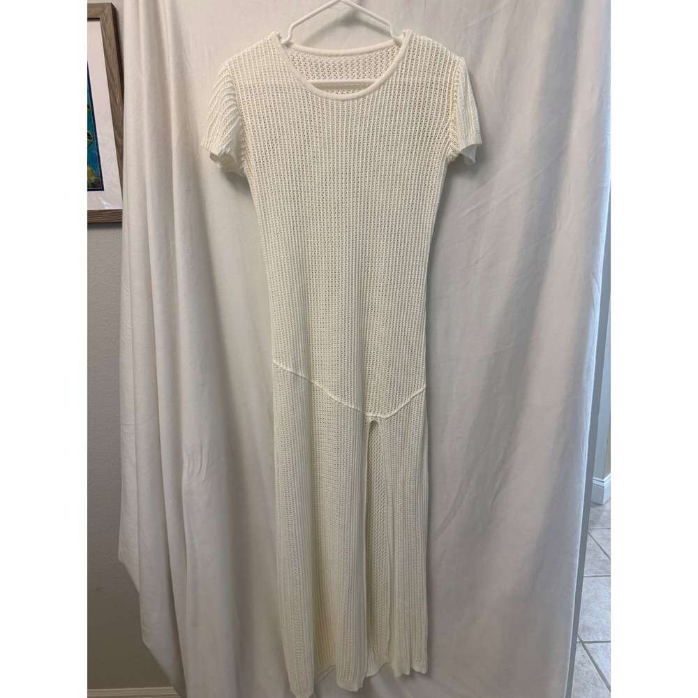 Cream Short Sleeve Open Knit Maxi Dress with Side Slit Off White Bodycon